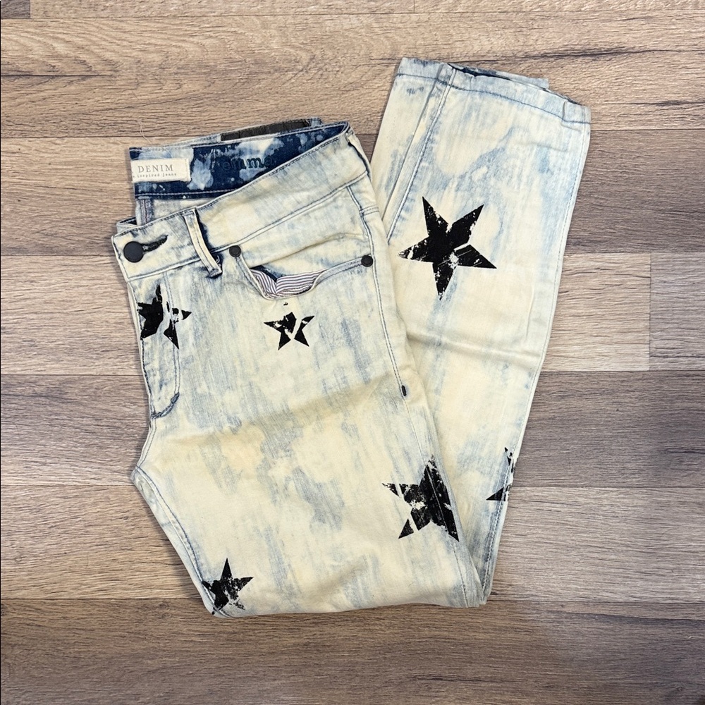 KSK Denim  Women's Skinny Jeans with Black Star Pattern - Washed Blue & Cream